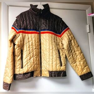 Alpine Ski Vintage Puffer Jacket Converts To Vest In Cream Brown And Rainbow XL